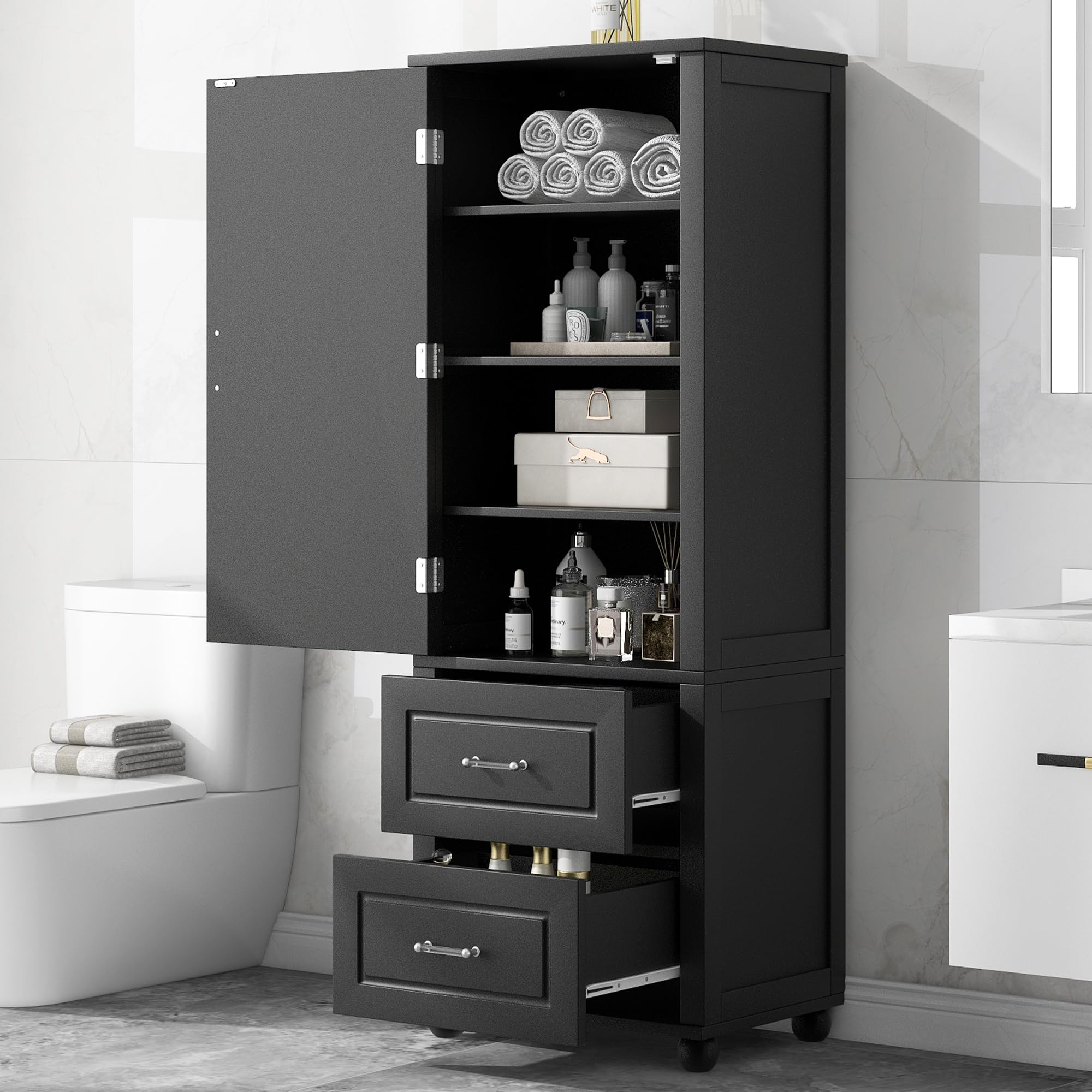 Virubi 61.4 in Tall Bathroom Floor Storage Cabinet, Wood Bathroom Cabinet with 2 Drawers and 2 Adjustable Shelves, Bathroom Cabinets Freestanding Bathroom Storage Organizer (Black)