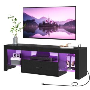 HOOBRO LED TV Stand with Power Outlets to 65 inch TV, Gaming Entertainment Center with Glass Shelves and Large Drawer, Modern Media TV Console Table for Living Room Bedroom, Black BB14UDDS01G1