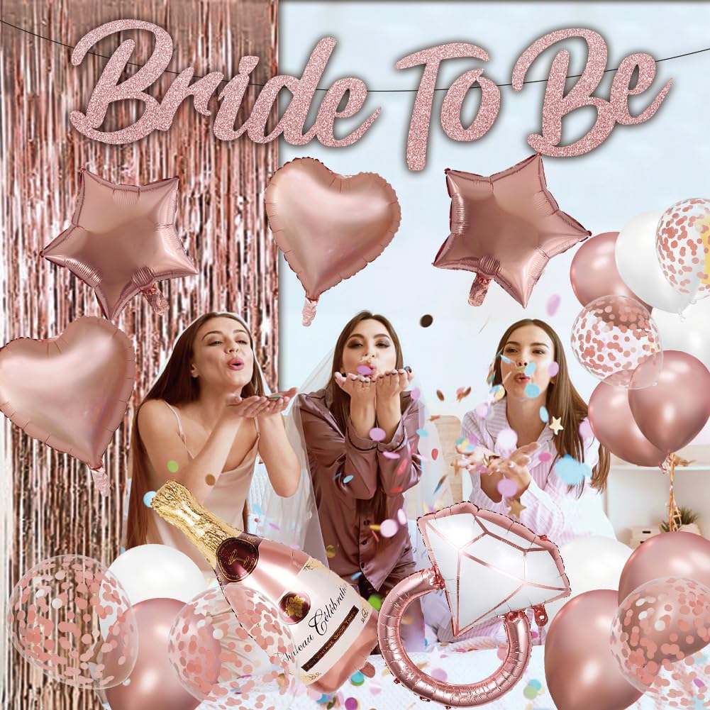 Bachelorette Party Decorations - Rose Gold Bride to be Decorations Wedding Whower Decorations Set Engagement Party with Foil Curtain ,Balloons, Photo Props, 92 Pcs Bridal Shower Decorations Supplies