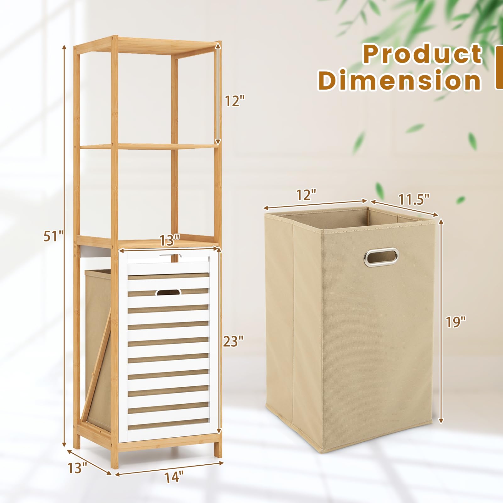 GOFLAME Tilt Out Laundry Hamper with 3-Tier Storage Shelves, 51” Tall Bathroom Storage Shelf with Removable Basket, Bamboo Laundry Basket Organizer for Bathroom, Laundry Room, Bedroom, Natural