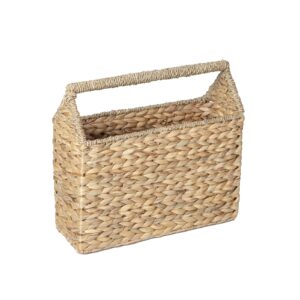 jjsq water hyacinth storage basket for magazine, rattan magazine holder floor selfstand, wicker basket with handle for files & newspaper, natural 15" x 5.5" x 12.4"