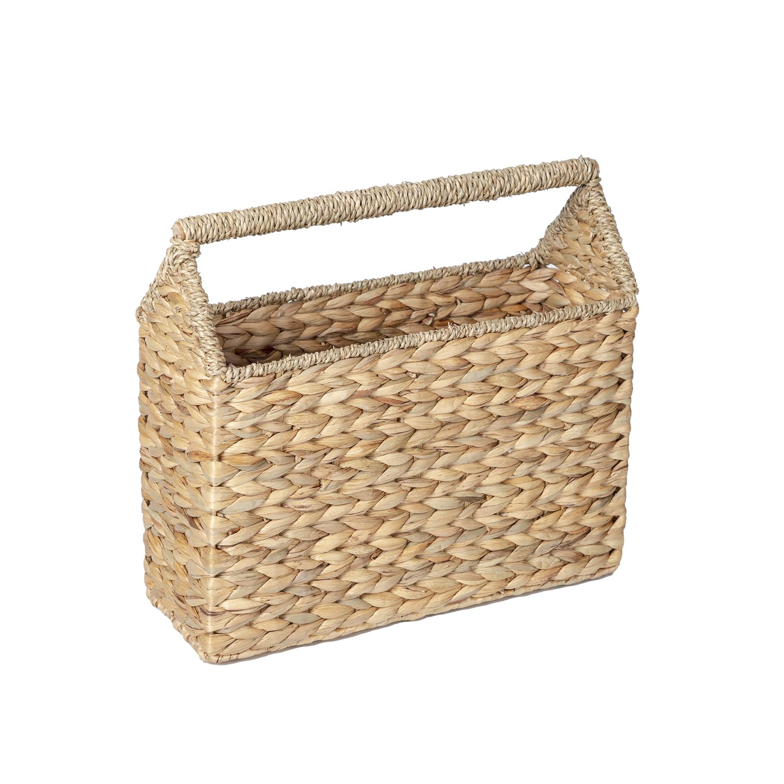 JJSQ Water Hyacinth Storage Basket for Magazine, Rattan Magazine Holder Floor Selfstand, Wicker Basket with Handle for files & Newspaper, Natural 15" x 5.5" x 12.4"