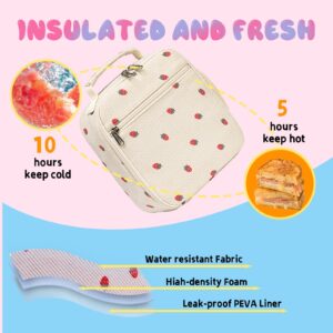 LEDAOU Lunch Box Kids Lunch Bag Insulated Cute Lunchbox Reusable Small Toddler Lunch Bags for School Travel or Picnic(Strawberry beige)