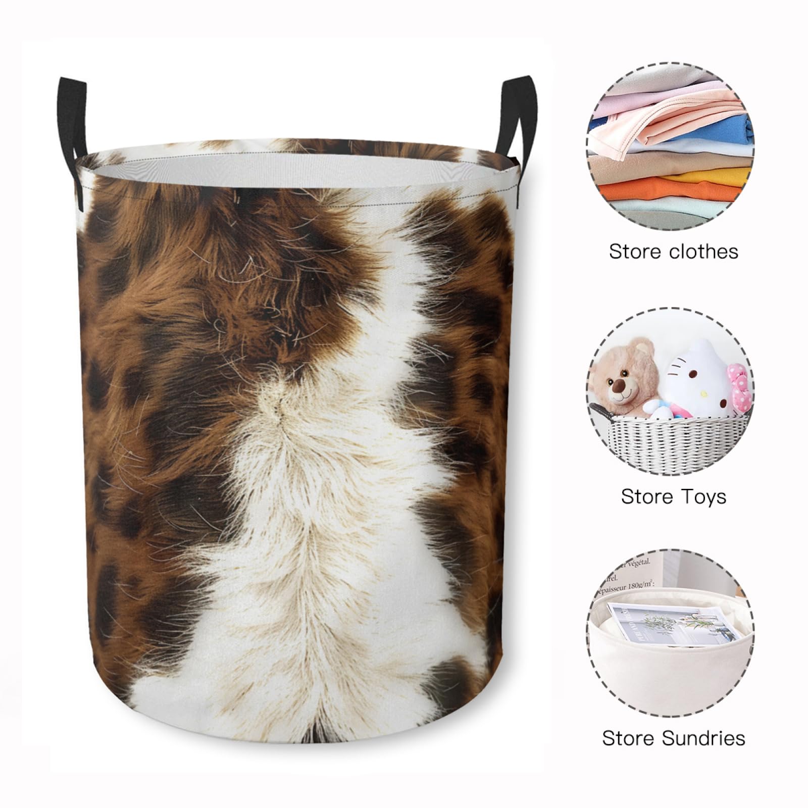 Laundry Basket Brown Cow Print Collapsible Laundry Hamper with Handles Clothes Storage Bin for Household Bedroom Bathroom College Dorms