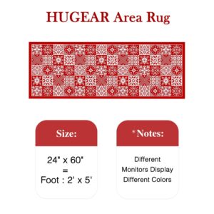 HUGEAR Christmas Area Rug 2x5 Runner Rugs Machine Washable Checkered Christmas Decorative Hallway Rugs Low Pile Carpet Red/White Xmas Non-Slip Indoor Door Mat for Bedroom Kitchen Entryway Bathroom