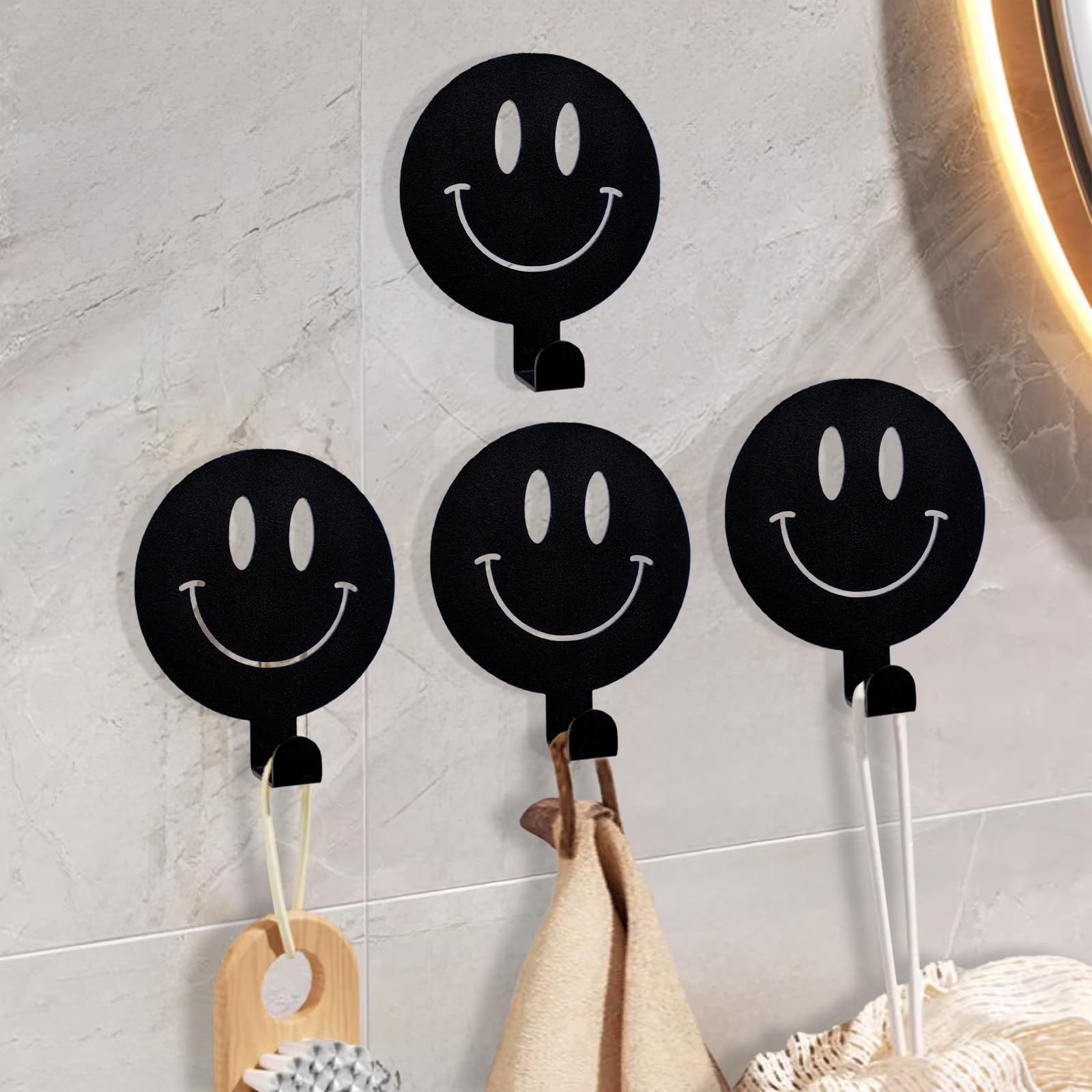 Self Adhesive Metal Smiley Wall Hooks 4-Pack | Stylish Black Hanging Hooks for Home Decor | Perfect for Hanging Coats, Towels, Keys in Modern Spaces