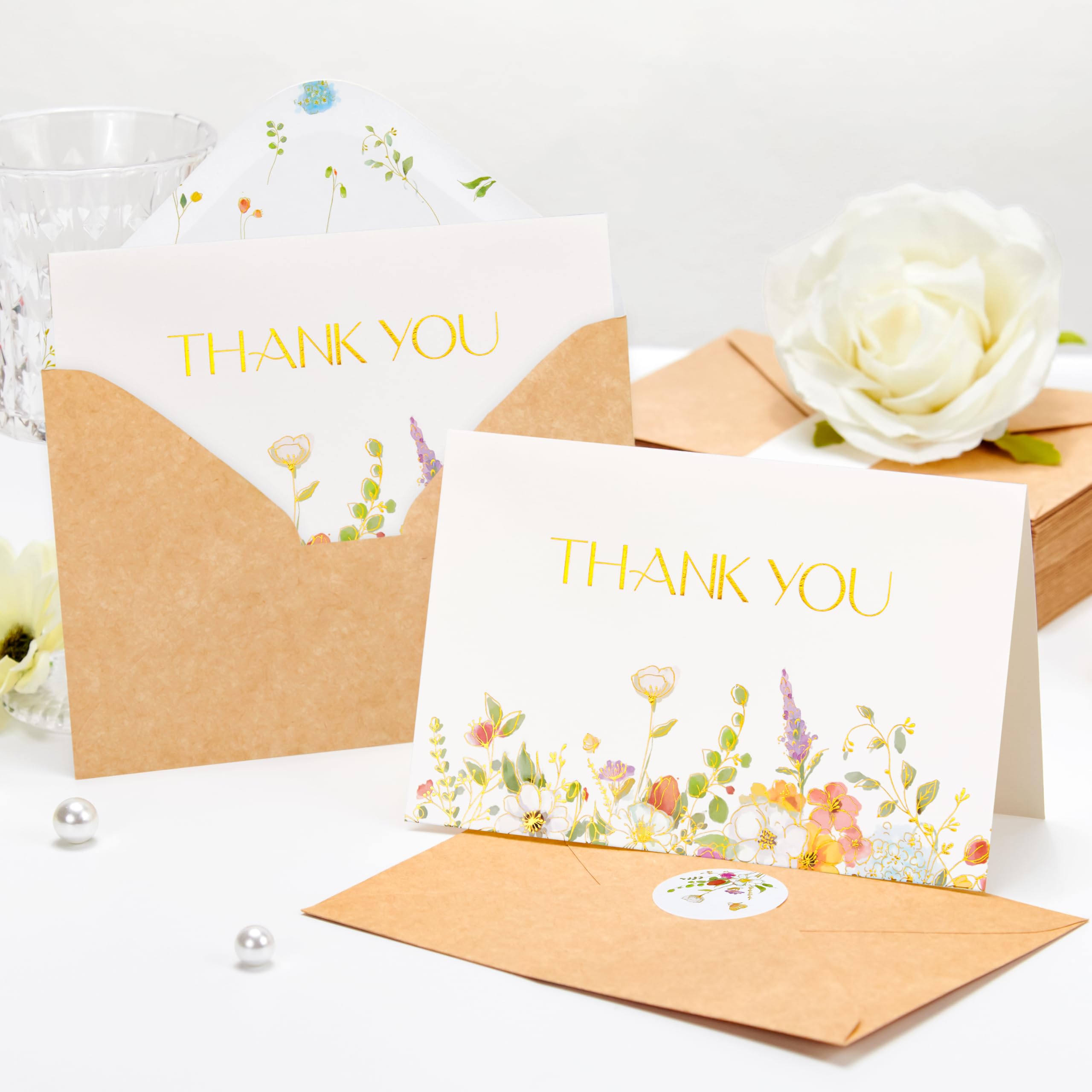 Crisky Gold Foil Wildflower Thank Cards with Envelopes 50 Pack bulk 4x6 Inch Kraft envelopes Flower Greeting Cards with Envelopes For Baby Shower, Wedding, Bridal Shower, Graduation