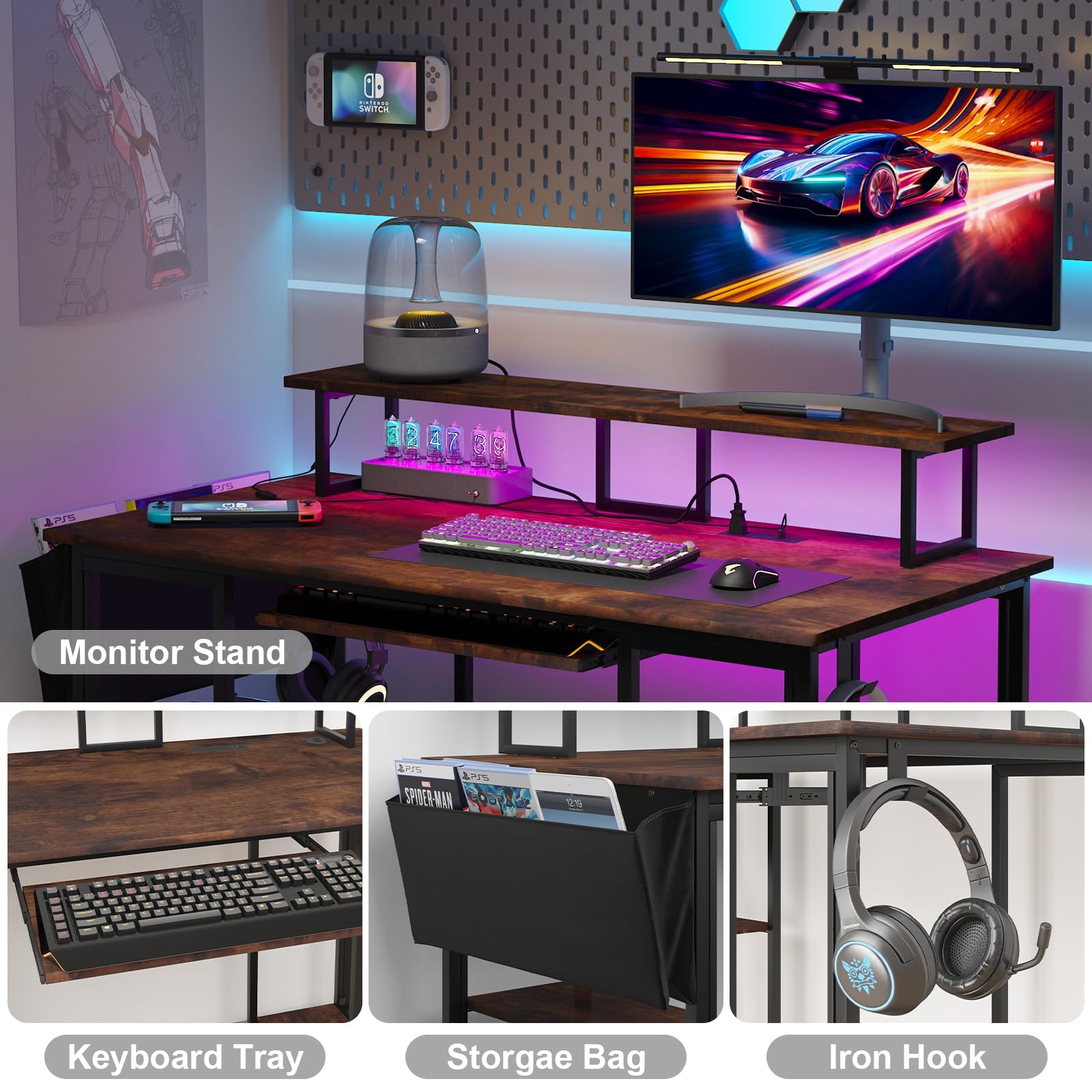 Wokerwie Gaming Desk with Led Lights & Power Outlets,Wooden Computer Desk with Fabric File Cabinet and Hook, 45 Inch Home Office Desk with Monitor Stand & Storage Sheves, Writing Desk, Brown