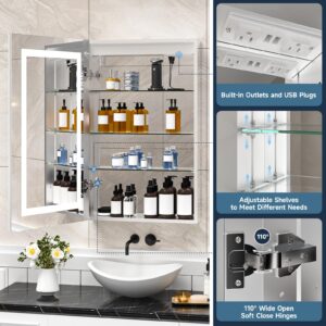 HAPINNEX 20"W X 32"L LED Lighted Bathroom Medicine Cabinet with Mirror, Stepless Dimming Color Temperature, Anti-Fog, Power-Off Memory, 2 Outlets 2 USB Ports, Tempered Glass Shelves, Recessed/Surface