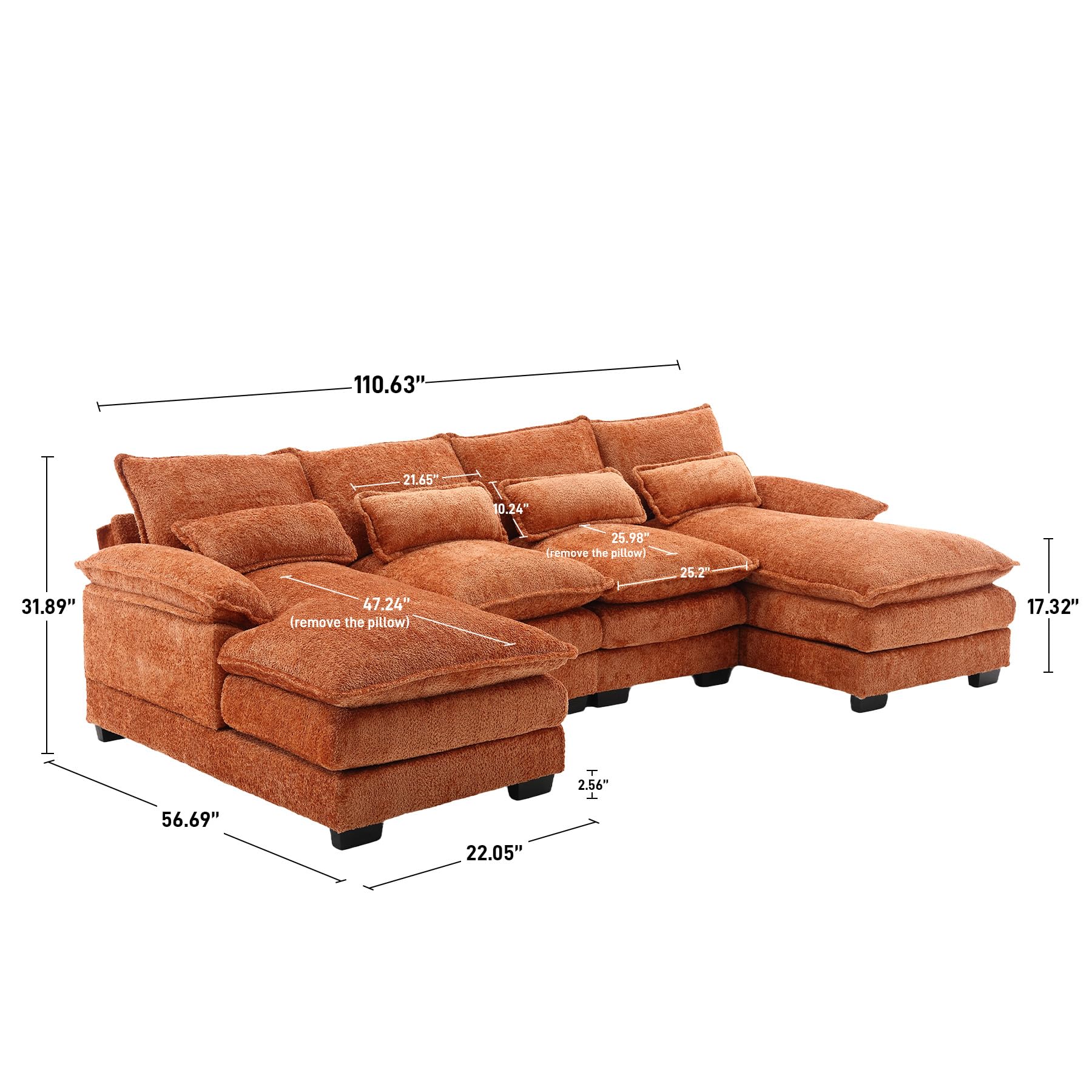 OUYESSIR U Shape Sectional Sofa Cloud Couch, 110" Upholstery Comfy Modular Sofa, 4 Seat Chenille Modern Sleeper Sofa with Double Chaise for Living Room,Orange