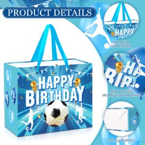 Soccer Birthday Gift Bag for Boys, Blue Soccer Wrapping Paper Favors Bags with Tissue Paper Card Large Soccer Ball Birthday Goodie Treat Bags for Sport Theme Baby Shower Party Decorations Supplies