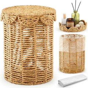 small wicker trash can 1.3 gallons woven wicker waste basket for bathroom with lid handle boho wicker trash basket with 100 plastic garbage bags for bedroom office laundry storage(scalloped style)