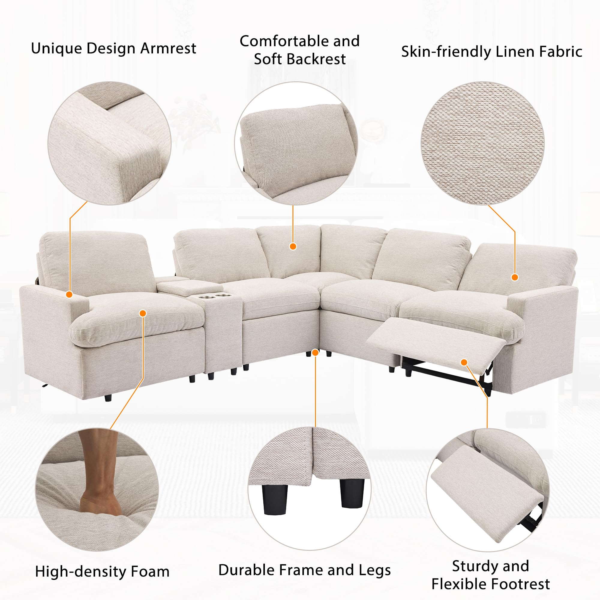 LIANGFU 104''Power Recliner Corner Sofa, Home Theater Reclining Sofa, L Shape Sectional Couches, Sectional Couches with Storage Box, Cup Holders, USB Ports and Power Socket for Living Room (Beige)