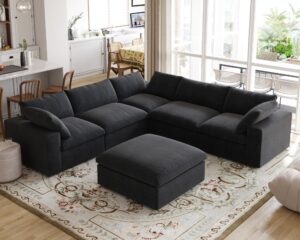 cloud modular sectional sofa for livingroom,large down filled comfort corner sectional sofa couch with ottoman,wide deep seat convertible couches for office apartment,v shaped,black