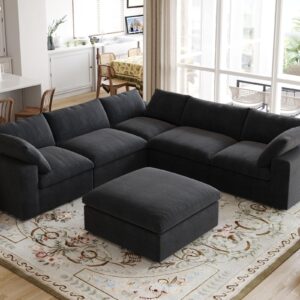 Cloud Modular Sectional Sofa for Livingroom,Large Down Filled Comfort Corner Sectional Sofa Couch with Ottoman,Wide Deep Seat Convertible Couches for Office Apartment,V Shaped,Black