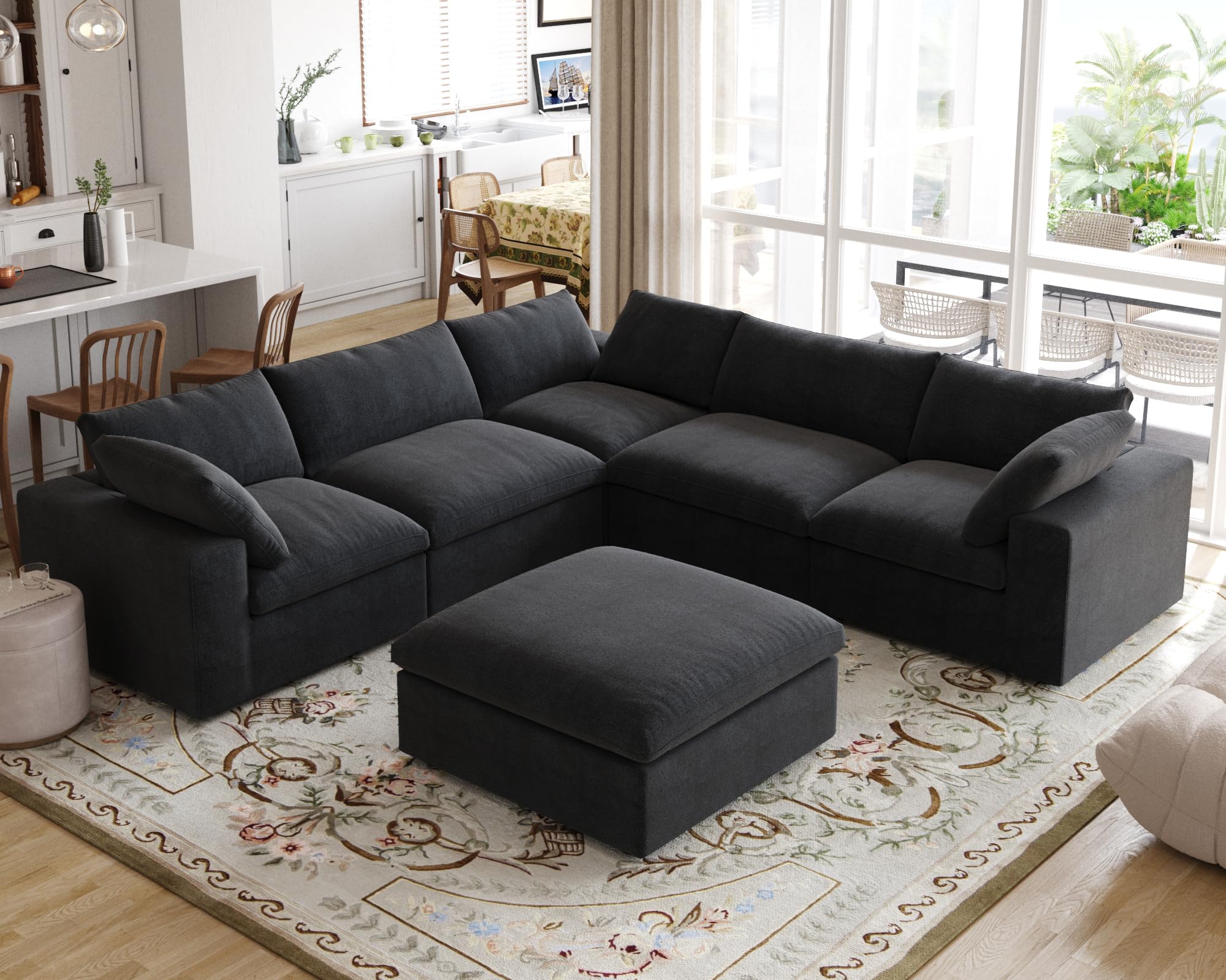 Cloud Modular Sectional Sofa for Livingroom,Large Down Filled Comfort Corner Sectional Sofa Couch with Ottoman,Wide Deep Seat Convertible Couches for Office Apartment,V Shaped,Black