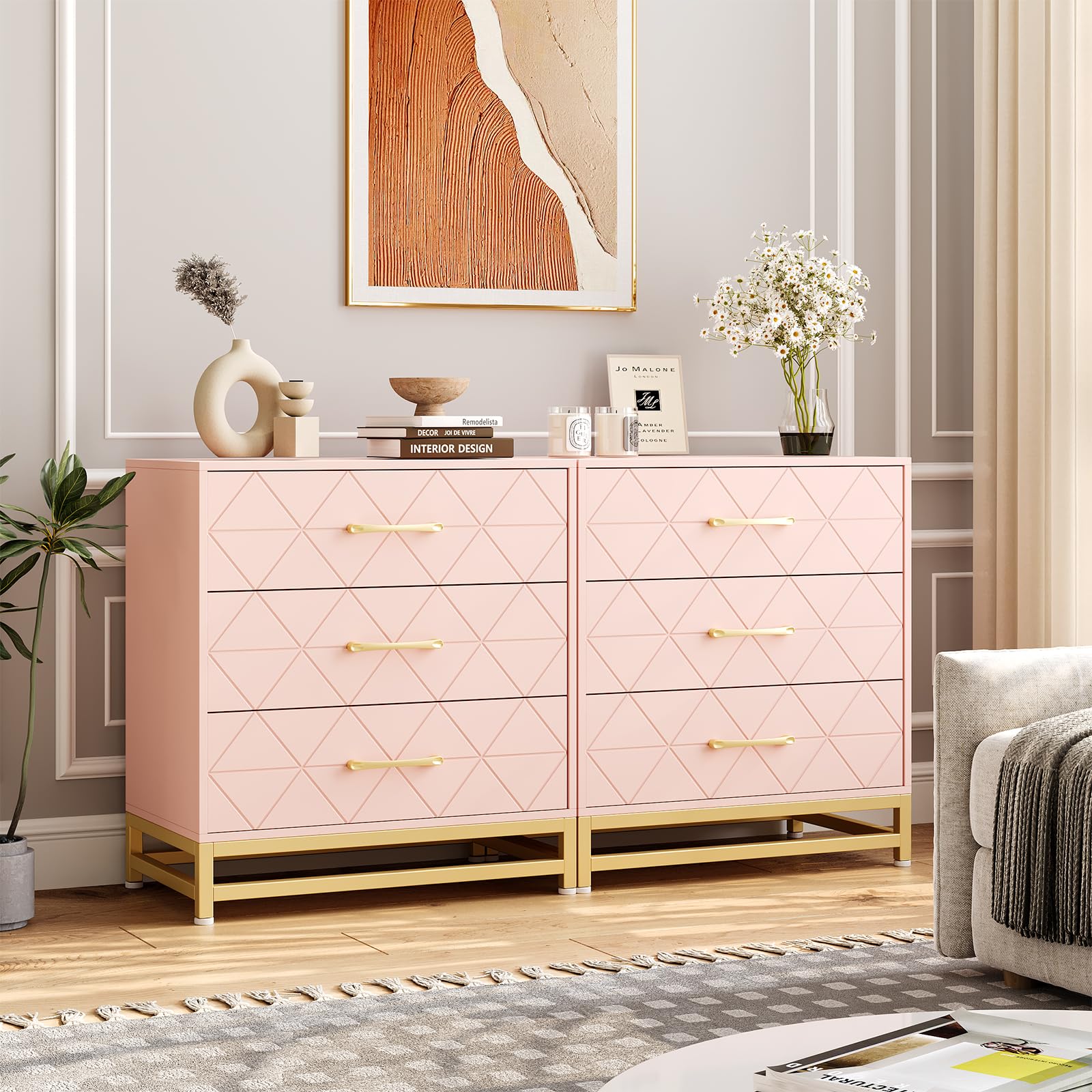 GarveeHome 3 Drawer Dresser, Wood Chest Drawers with Storage for Closet, Bedroom, Drawers Dresser Modern Bedside Nightstand with Gold Handles, Pink