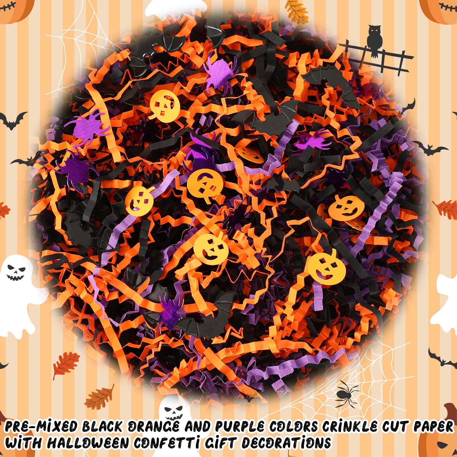 Jansun Halloween Black Orange Purple Crinkle Cut Paper, 115g/4oz Shred Filler with Pumpkin Spider Bat for Gift Wrapping Craft DIY Basket Filling Trick or Treat Candy Decorations