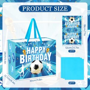 Soccer Birthday Gift Bag for Boys, Blue Soccer Wrapping Paper Favors Bags with Tissue Paper Card Large Soccer Ball Birthday Goodie Treat Bags for Sport Theme Baby Shower Party Decorations Supplies