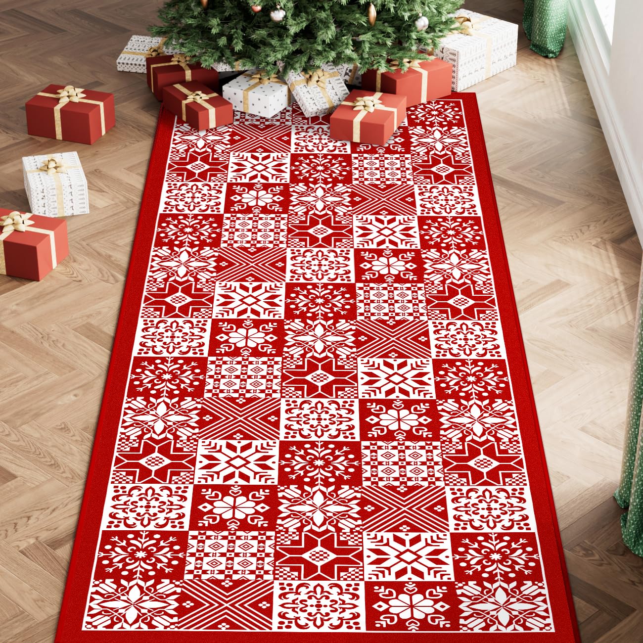 HUGEAR Christmas Area Rug 2x5 Runner Rugs Machine Washable Checkered Christmas Decorative Hallway Rugs Low Pile Carpet Red/White Xmas Non-Slip Indoor Door Mat for Bedroom Kitchen Entryway Bathroom