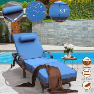 NOBLEMOOD Outdoor Lounge Chairs Set of 2 Beach Wikcer Chaise Lounge with Wheels, Cushion, Adjustable Backrest for Outside Pool Sun Shelf Tanning Bathing (Blue)