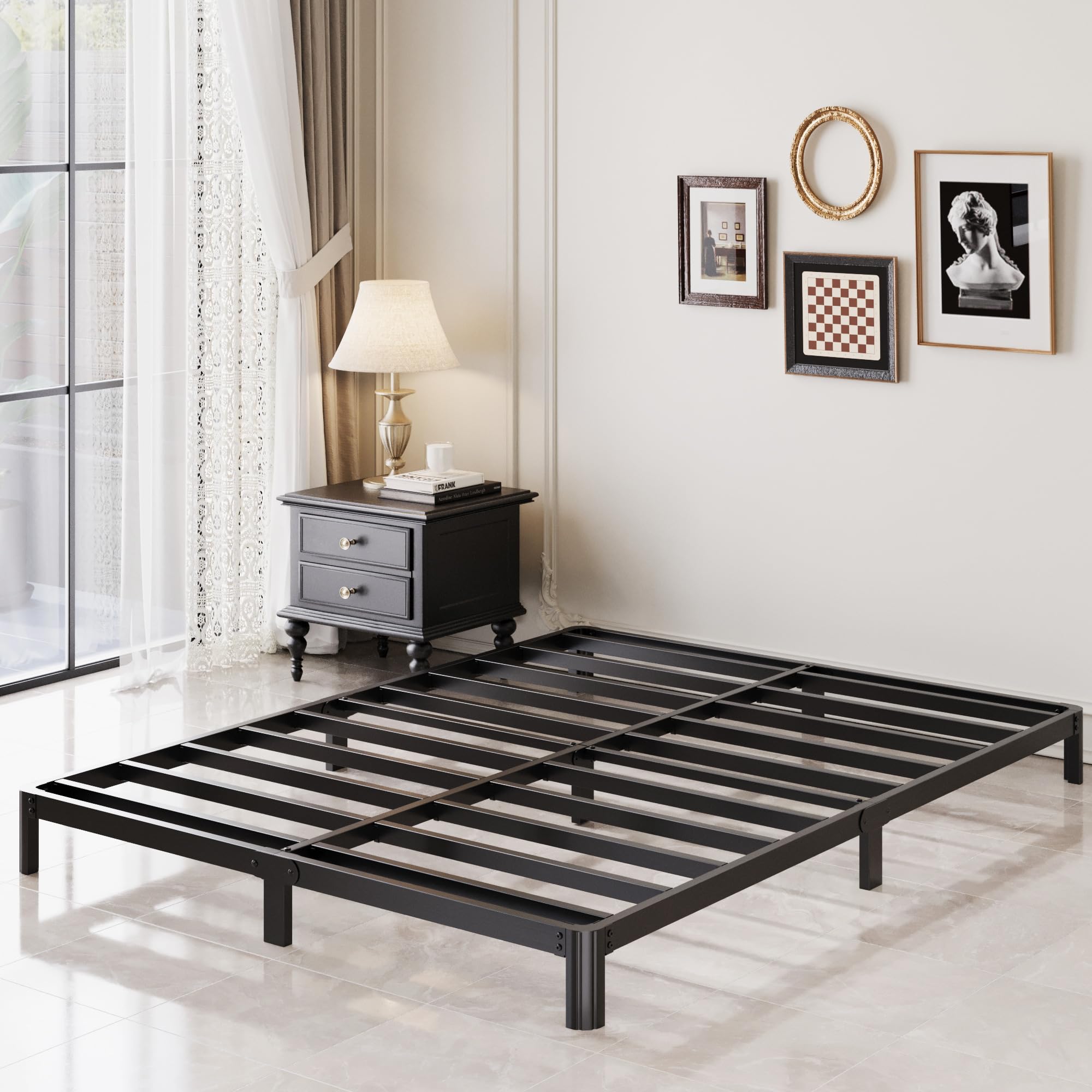 Lutown-Teen 7 Inch Low Queen Bed Frame with Rounded Corner Legs, 2000 LBS Heavy Duty Metal Slats Support Queen Platform Bed Frame No Box Spring Needed, Easy Assembly, Black