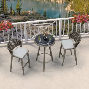 PURPLE LEAF 3 Pieces Outdoor Bar Height Table and Chairs Set Patio Bar Height Set for Balcony Porches Backyard Gray Round Patio High Bar Set