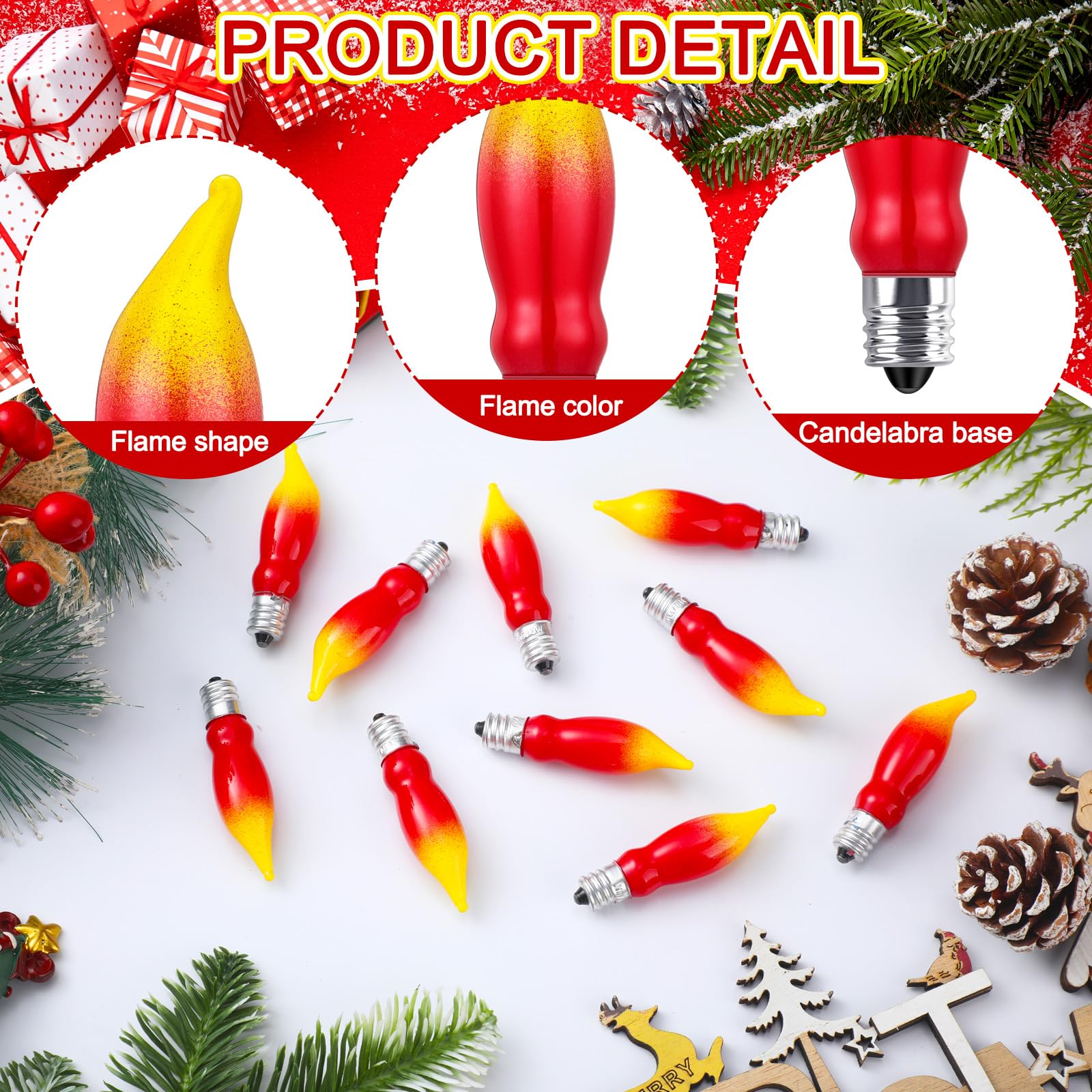 Glooglitter 24 Pcs Christmas Flame Lights Bulb Red Yellow Christmas Light Bulbs E12 Candelabra Bases Flame Shape Night Light Bulbs for Halloween Christmas Candle Light, Chandelier,7 Watt, 120 Volt