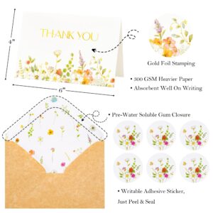 Crisky Gold Foil Wildflower Thank Cards with Envelopes 50 Pack bulk 4x6 Inch Kraft envelopes Flower Greeting Cards with Envelopes For Baby Shower, Wedding, Bridal Shower, Graduation