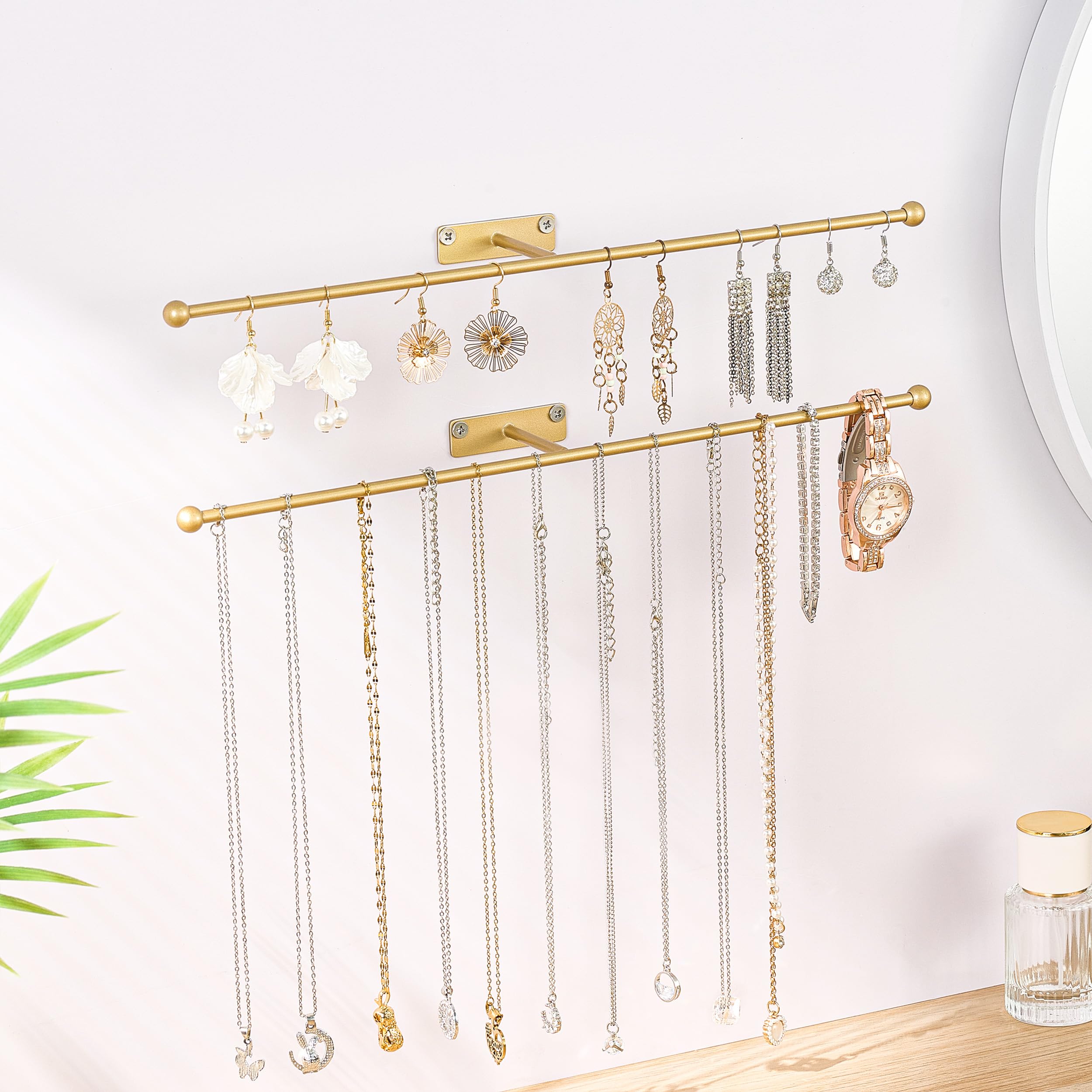 Josmimic Wall Hanging Jewelry Organizer: 13.7'' Necklace Holder for Earring, Bracelet, Rings, Hairband, Glasses, Gold 1-Pack, Screws Included