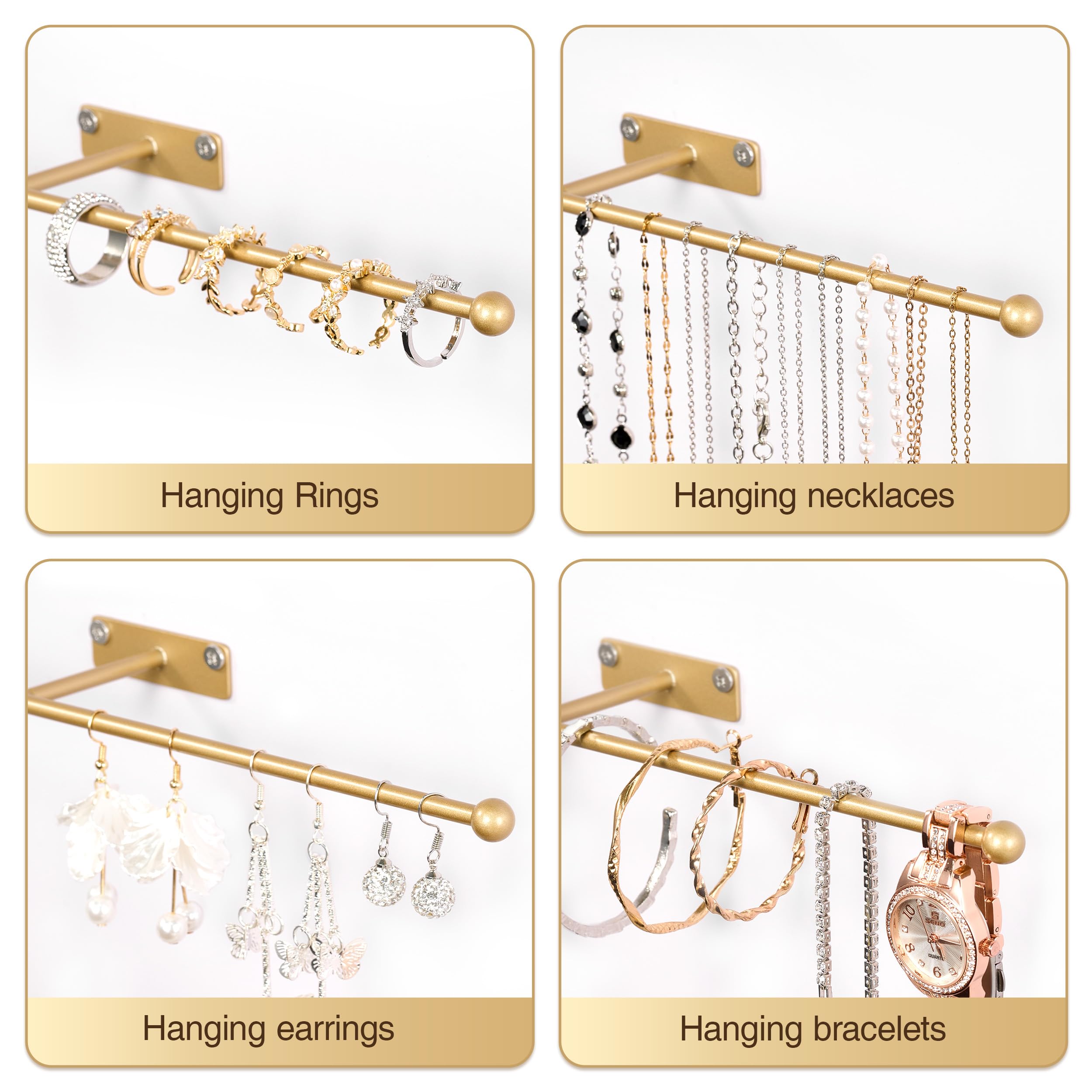 Josmimic Wall Hanging Jewelry Organizer: 13.7'' Necklace Holder for Earring, Bracelet, Rings, Hairband, Glasses, Gold 1-Pack, Screws Included