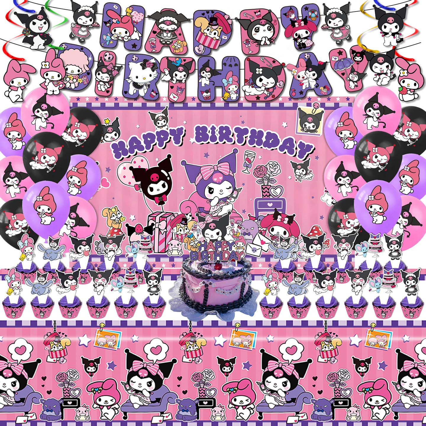 Kuromi Birthday Party Supplies, Party Decorations Set Include Banner, Backdrop, Balloons, Hanging Swirls, Cake Cupcake Toppers, Tablecloth for Girls Kuromi Theme Party