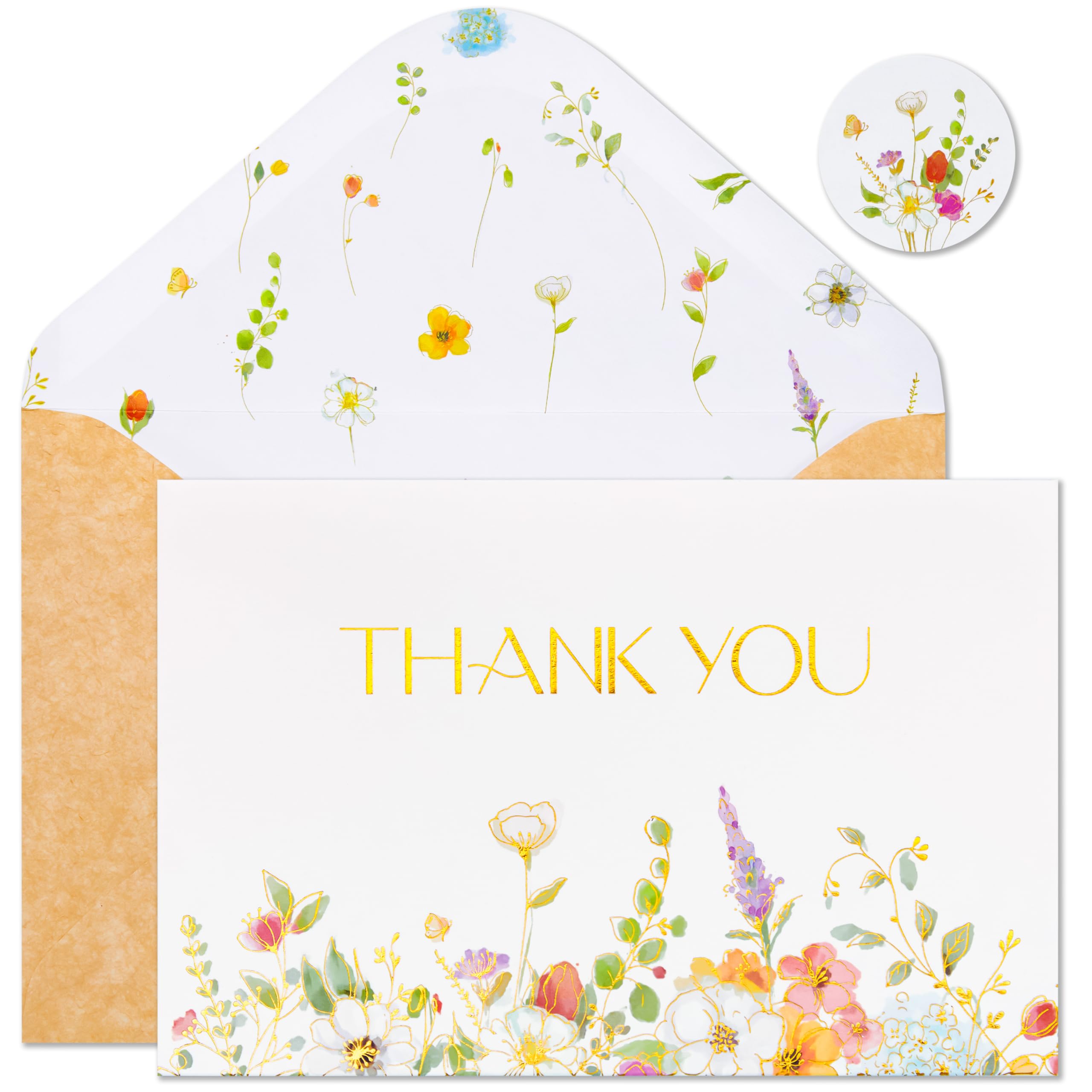 Crisky Gold Foil Wildflower Thank Cards with Envelopes 50 Pack bulk 4x6 Inch Kraft envelopes Flower Greeting Cards with Envelopes For Baby Shower, Wedding, Bridal Shower, Graduation