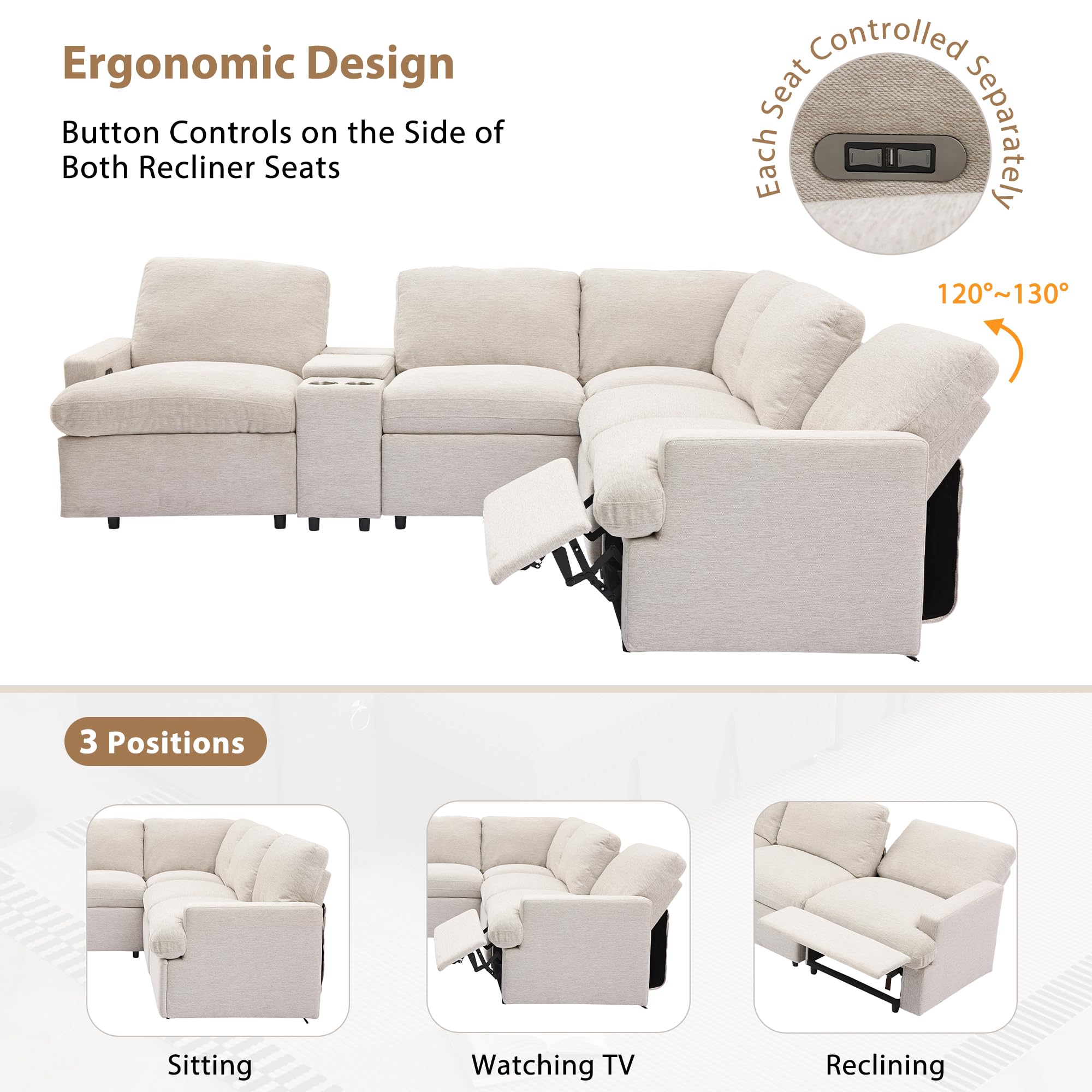 LIANGFU 104''Power Recliner Corner Sofa, Home Theater Reclining Sofa, L Shape Sectional Couches, Sectional Couches with Storage Box, Cup Holders, USB Ports and Power Socket for Living Room (Beige)