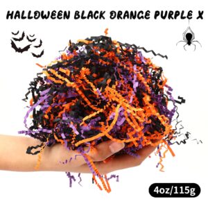 Jansun Halloween Black Orange Purple Crinkle Cut Paper, 115g/4oz Shred Filler with Pumpkin Spider Bat for Gift Wrapping Craft DIY Basket Filling Trick or Treat Candy Decorations