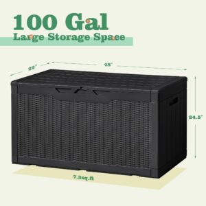 WARCAT 100 Gallon Deck Box Outdoor Resin Waterproof Storage Box UV Resistant Lockable Storage Bench for Patio Furniture, Garden Tools and Pool Supplies (Black)