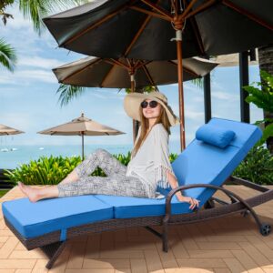 NOBLEMOOD Outdoor Lounge Chairs Set of 2 Beach Wikcer Chaise Lounge with Wheels, Cushion, Adjustable Backrest for Outside Pool Sun Shelf Tanning Bathing (Blue)