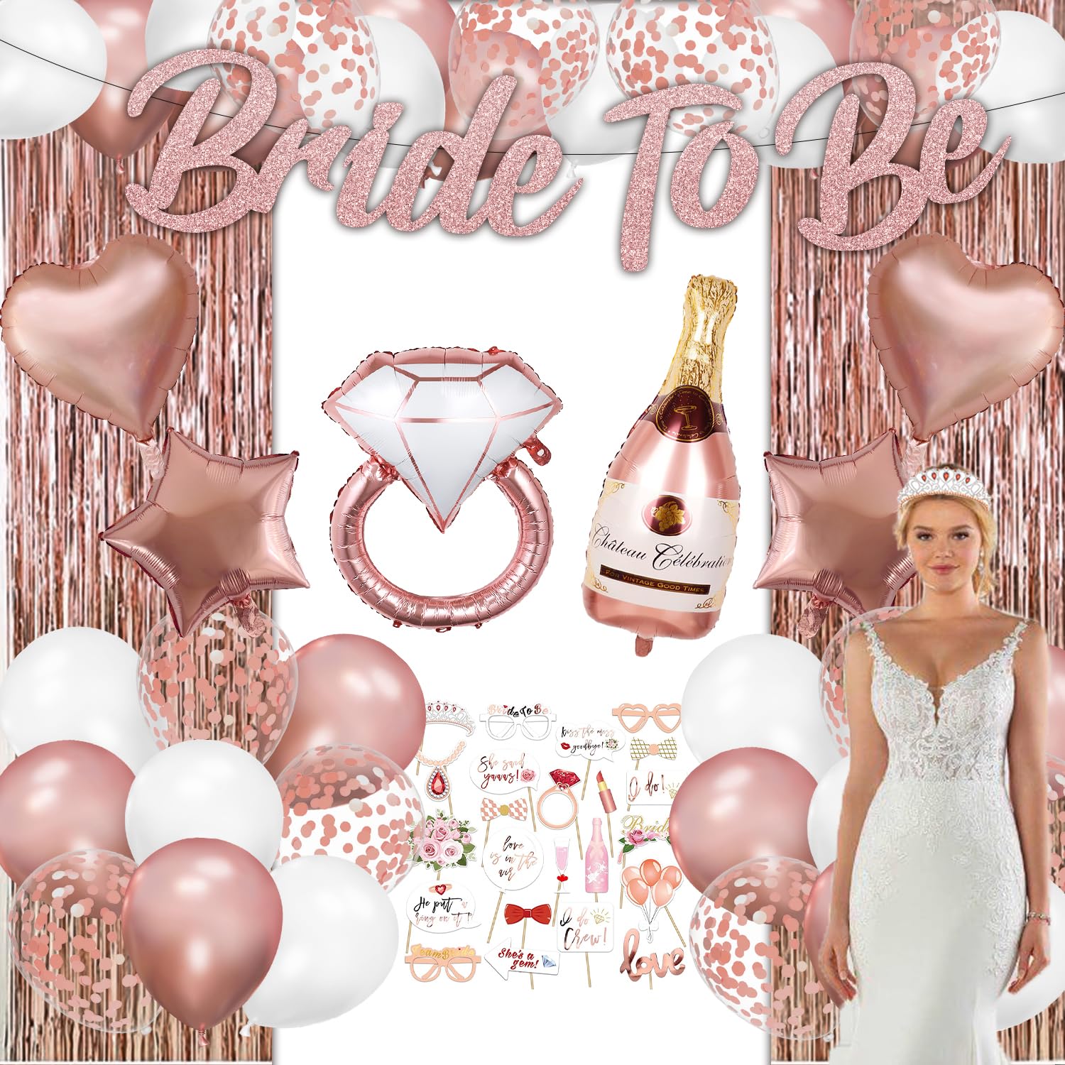 Bachelorette Party Decorations - Rose Gold Bride to be Decorations Wedding Whower Decorations Set Engagement Party with Foil Curtain ,Balloons, Photo Props, 92 Pcs Bridal Shower Decorations Supplies