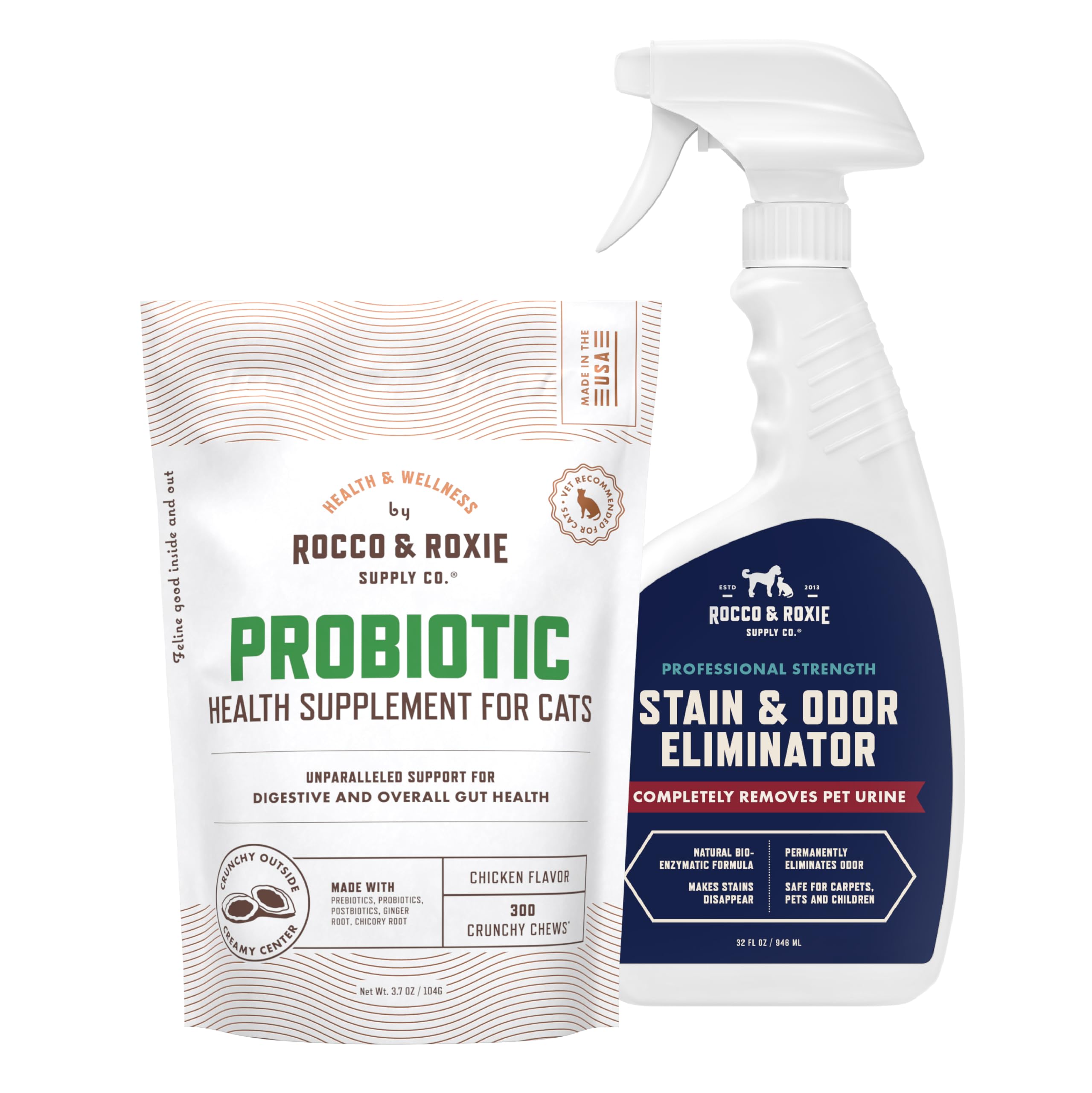 Rocco & Roxie Cat Probiotic Supplements & Stain & Odor Eliminator Bundle