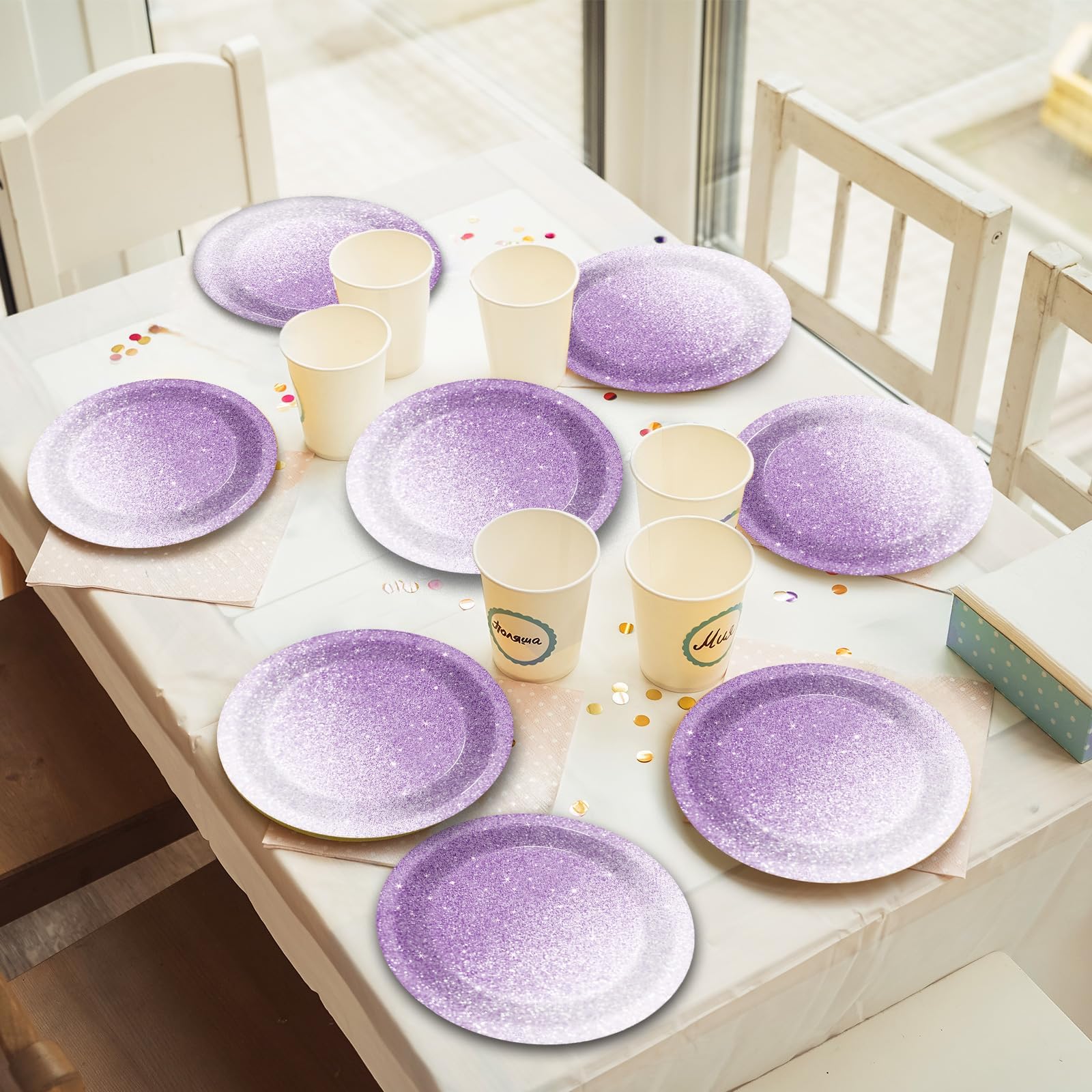 ZOIIWA 48PCS Ombre Purple Party Plates Gradient Pastel Purple Paper Plates Party Decorations Light Purple Sprinkle Dessert Plate Tableware for 48 Guests Women Birthday Wedding Tea Party Supplies