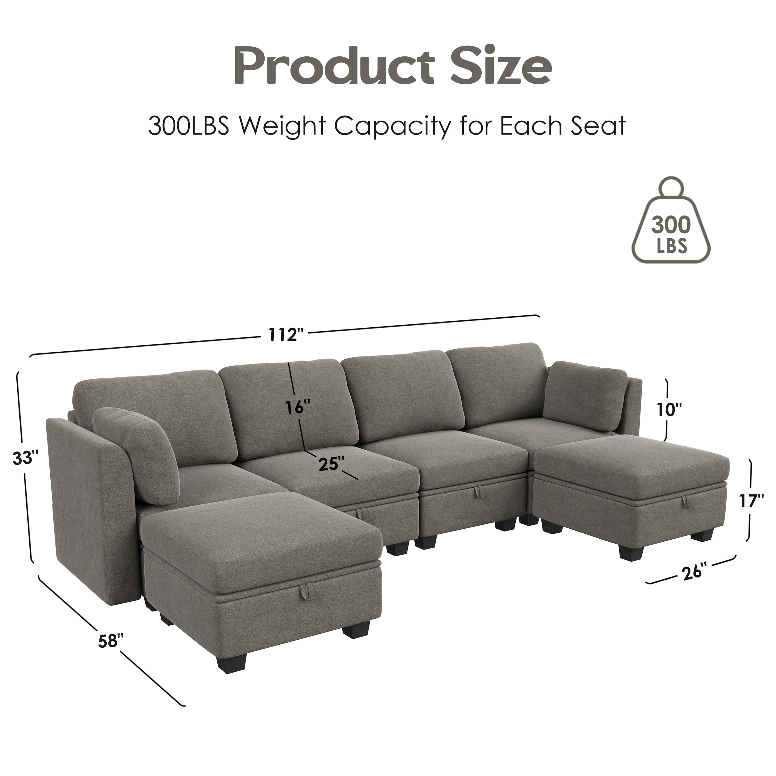 AYEASY Modular Sectional Sofa, U Shaped Sofa Couch with Storage Seats, Sectional Couches for Living Room with Chaise, 6 Seats Convertible Sofa Bed High Supportive with Adjustable Backrest 112", Grey