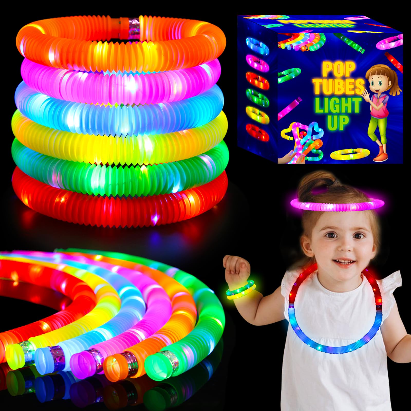 24 pcs Light Up Glow Sticks, LED Pop Tubes Party Favors for Kids 4-8 Glow in The Dark Party Supplies Fidget Toys Tubes for Halloween Birthday Gifts Xmas Stocking Goodie Bags Stuffers Wedding Decor