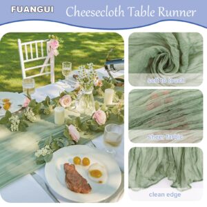 FUANGUI 6 Pack 35x120 Inches Sage Green Cheesecloth Table Runner 10Ft for Baby Shower Wedding Birthday Fall Decoration, Boho Gauze Fabric Rustic Sheer Romantic Cheese Cloth Table Runner