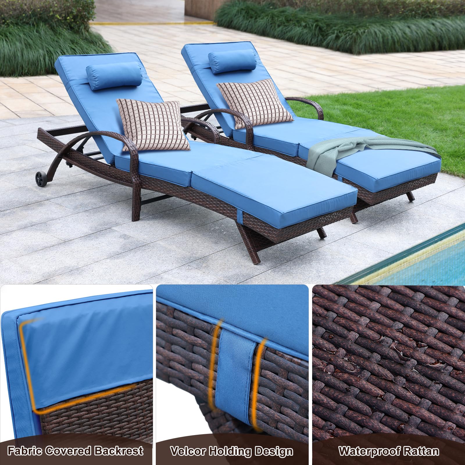 NOBLEMOOD Outdoor Lounge Chairs Set of 2 Beach Wikcer Chaise Lounge with Wheels, Cushion, Adjustable Backrest for Outside Pool Sun Shelf Tanning Bathing (Blue)