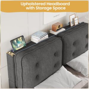 DICTAC Headboard for Queen Size with Storage Space Modern Linen Fabric Upholstered Headboard Queen Size,Adjustable Height,Biscuit Shape,No Bracket Adapter Required,Easy Assembly, Dark Grey