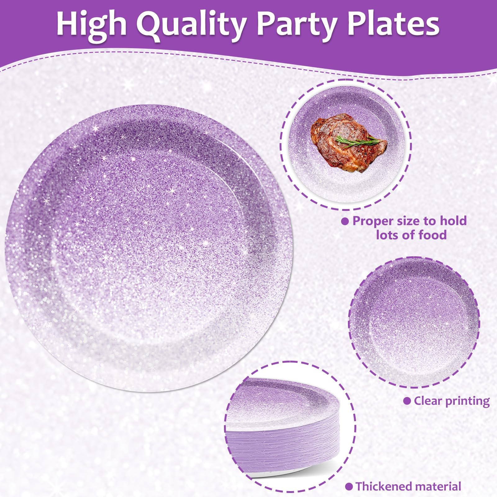 ZOIIWA 48PCS Ombre Purple Party Plates Gradient Pastel Purple Paper Plates Party Decorations Light Purple Sprinkle Dessert Plate Tableware for 48 Guests Women Birthday Wedding Tea Party Supplies