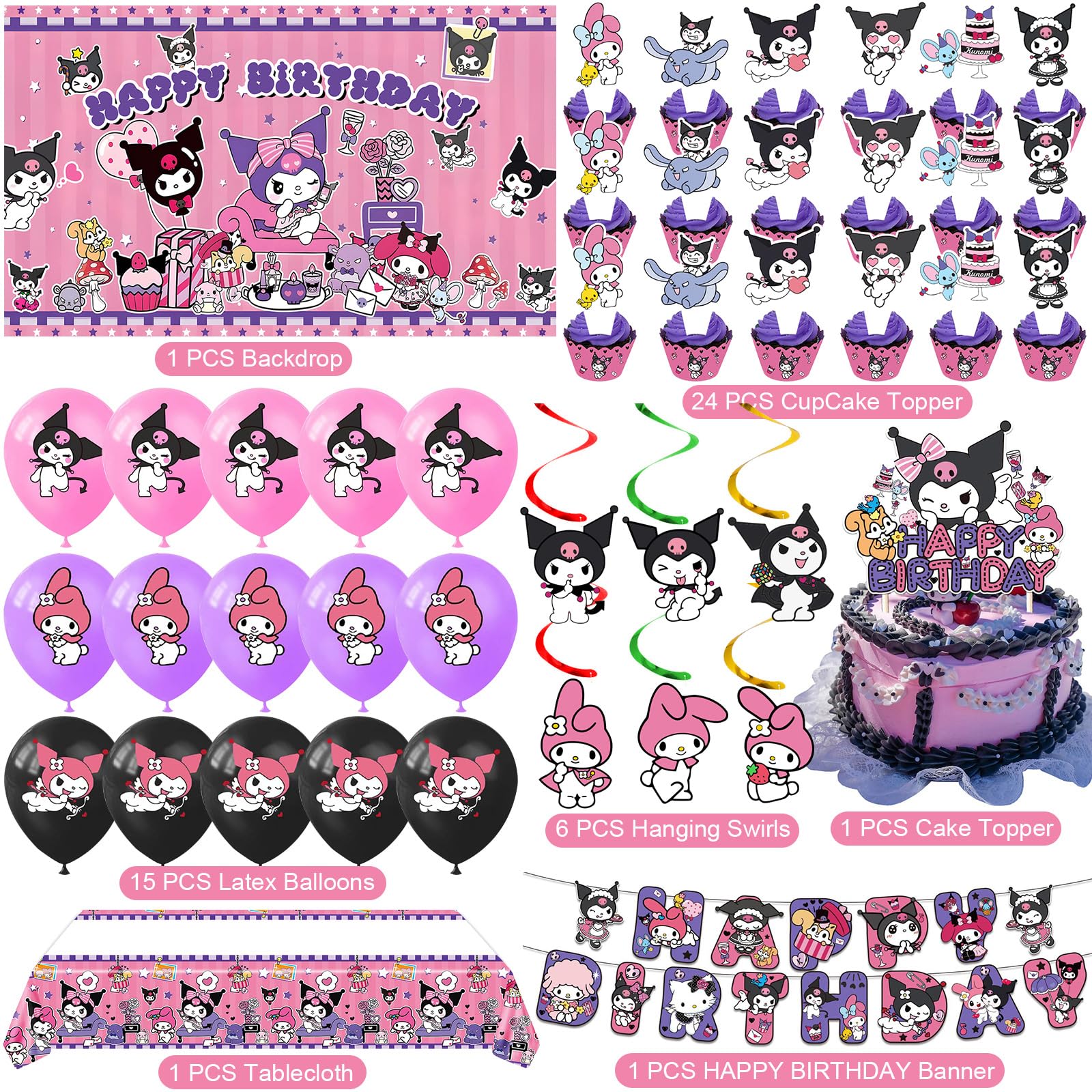 Kuromi Birthday Party Supplies, Party Decorations Set Include Banner, Backdrop, Balloons, Hanging Swirls, Cake Cupcake Toppers, Tablecloth for Girls Kuromi Theme Party