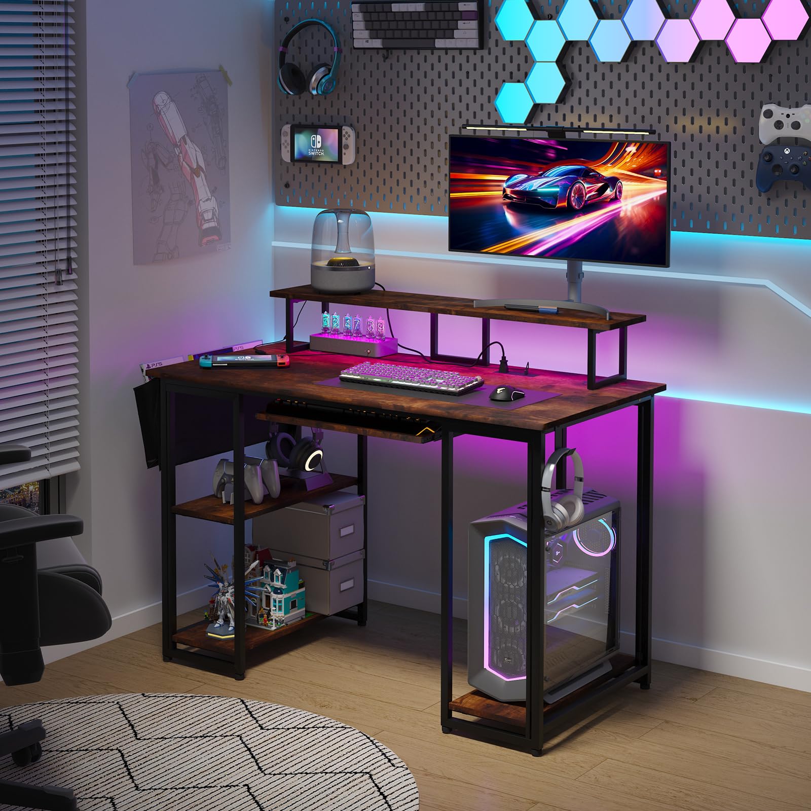 Wokerwie Gaming Desk with Led Lights & Power Outlets,Wooden Computer Desk with Fabric File Cabinet and Hook, 45 Inch Home Office Desk with Monitor Stand & Storage Sheves, Writing Desk, Brown