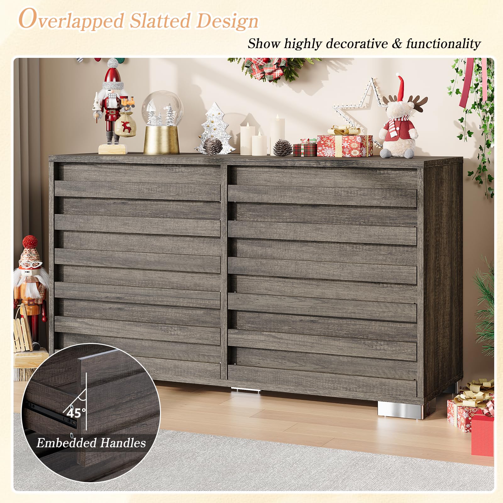 LUXOAK Farmhouse 6 Drawers Dresser for Bedroom, Chest of Drawers with Slat Handles & Quick Install with Pre Installed Slide, 54" Rustic TV Stand for Living Room, Entryway, Rustic Grey