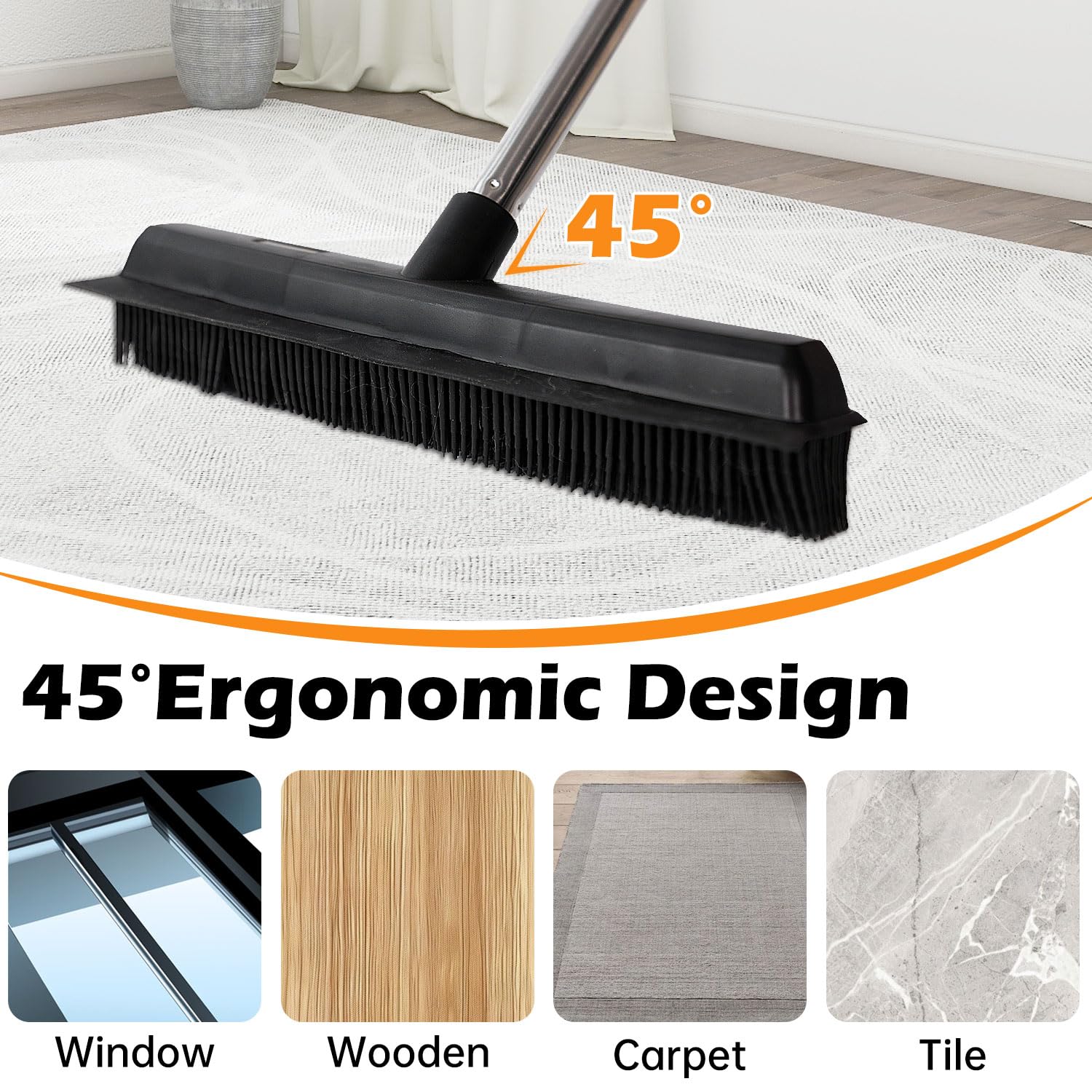 Pet Hair Removal Broom Rubber Broom for Carpet,Floor Brush for Carpet,60" Long Handle Fur Sweeper with Long Handle for Fluff Carpet